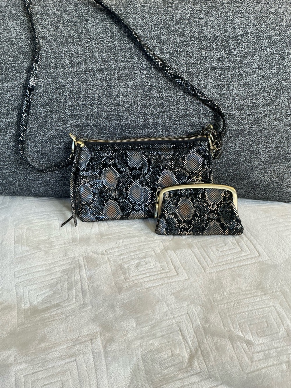HOBO Black and Gray Snake-Print Crossbody with Matching Coin Purse
